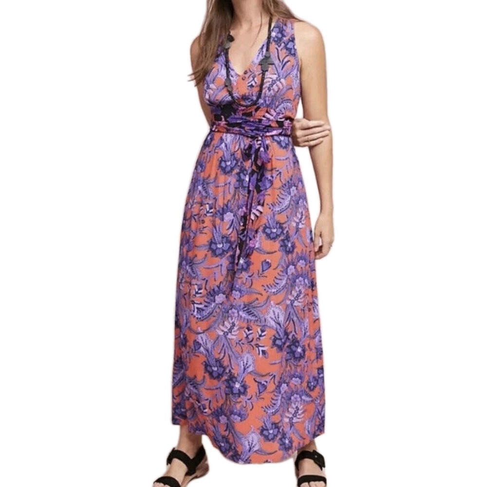 Maeve Anthropologie Macie Floral Tie Waist Maxi Dress Size 0 Orange‎ Purple